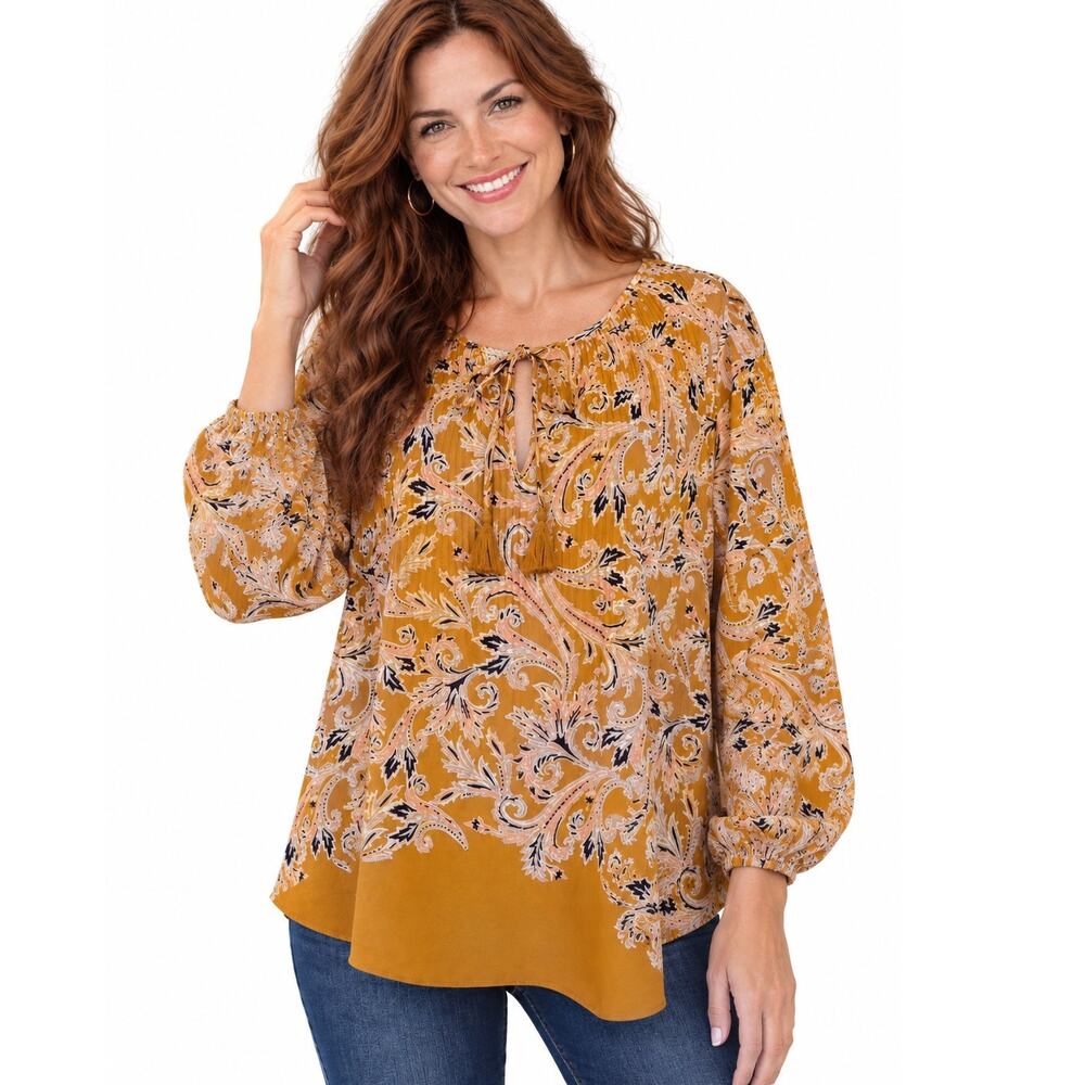 DR2 Mustard Paisley Blouse Womens Large Plisse Accordion Pleat Tassel Boho Top